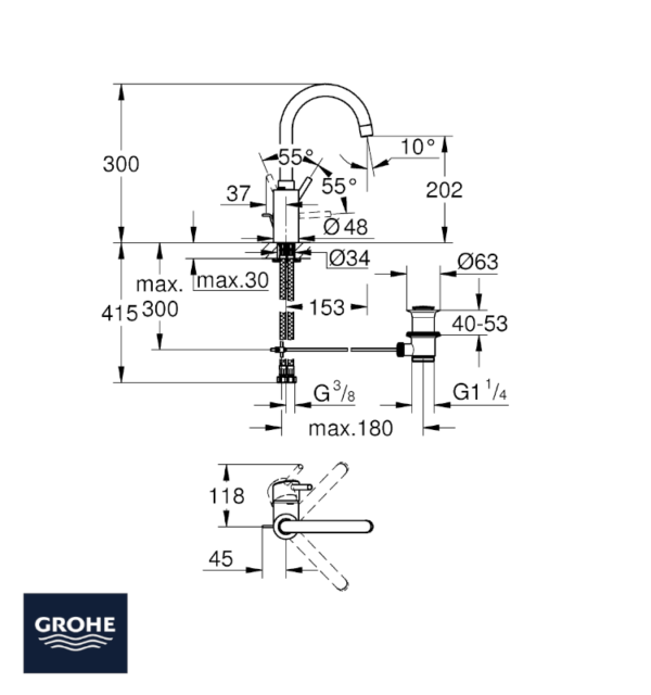 MONOMANDO LAVABO CONCETTO GROHE MEDIDAS