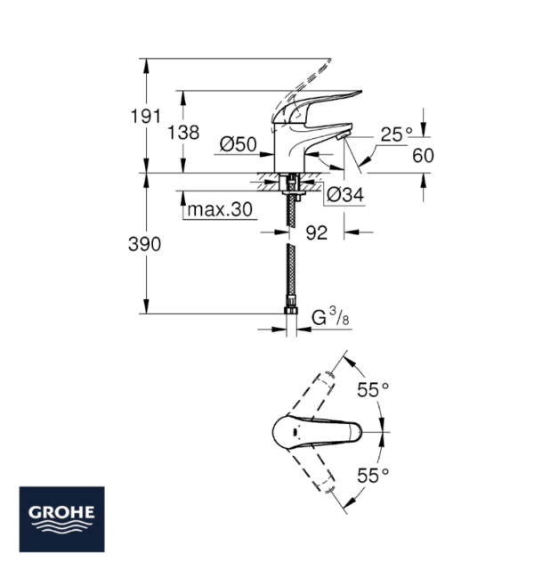 MONOMANDO LAVABO GERONTOLOGICO EUROECO GROHE MEDIDAS