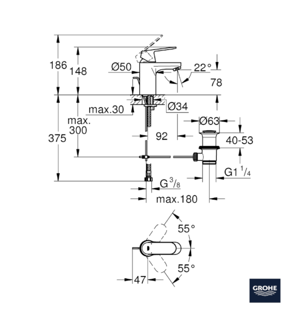 MEDIDAS MONOMANDO DE LAVABO EUROSMART COSMOPOLITAN GROHE