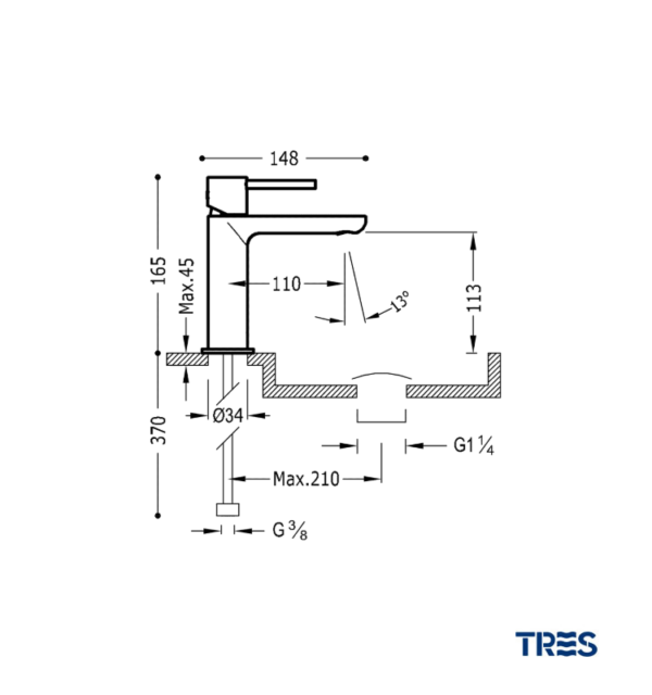 MEDIDAS MONOMANDO LAVABO MAX-TRES TRES GRIFERIA CON DESAGÜE AUTOMATICO